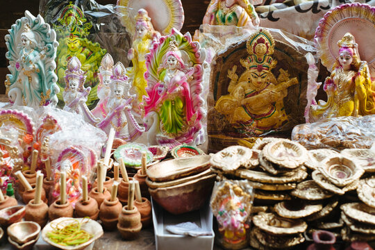 Colorful idols and decorations at a festive market