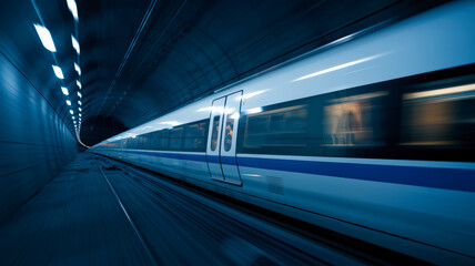 High speed Train racing through a green countryside with motion blur. The train is sleek and silver, with its body glinting in the sunlight. The train is cutting through vibrant fields.