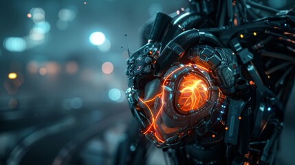 Intricate cybernetic heart replacement  a fusion of technology and biology close to the chest