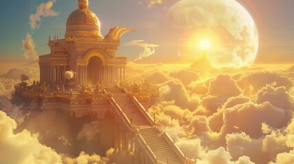 A celestial temple above fluffy clouds with elegant staircases and mystical symbols in golden light
