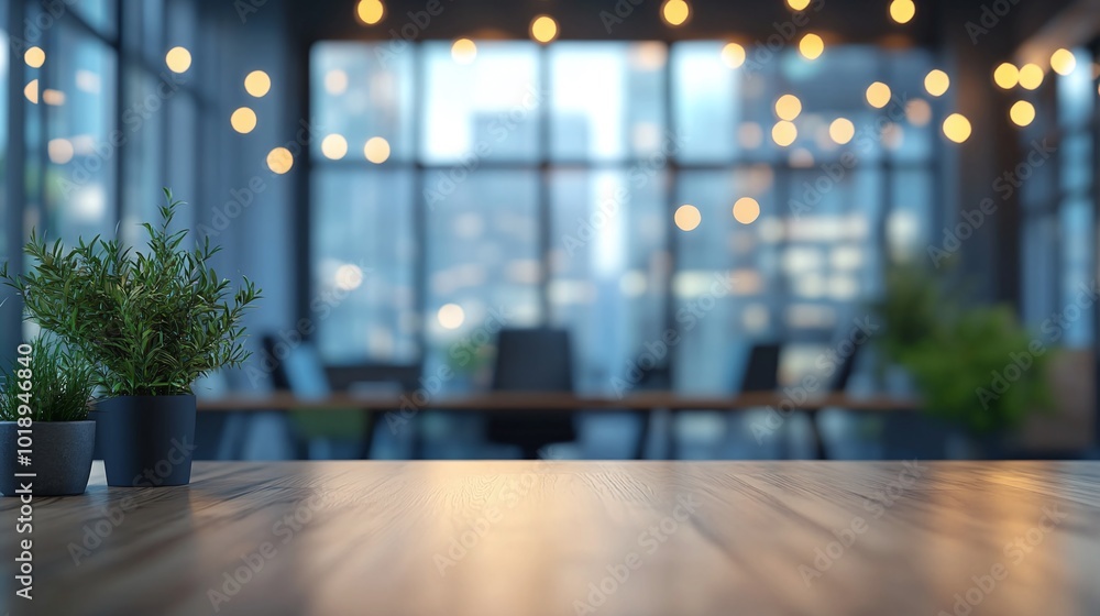 Aufkleber open space office with blurred design elements and abstract light bokeh, offering an empty workspace