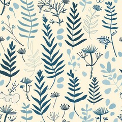 Fototapeta premium Seamless botanical pattern with various blue plants on a light background.