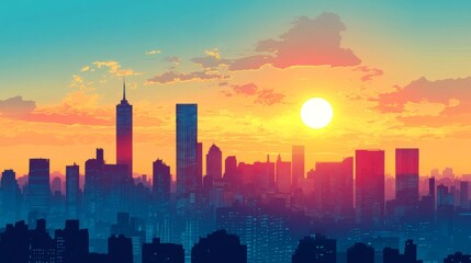 Fototapeta premium Vibrant Sunset Over City Skyline