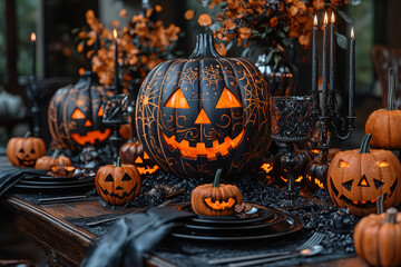 A table set for a Halloween dinner with themed plates and spooky centerpieces. Concept of Halloween dining.