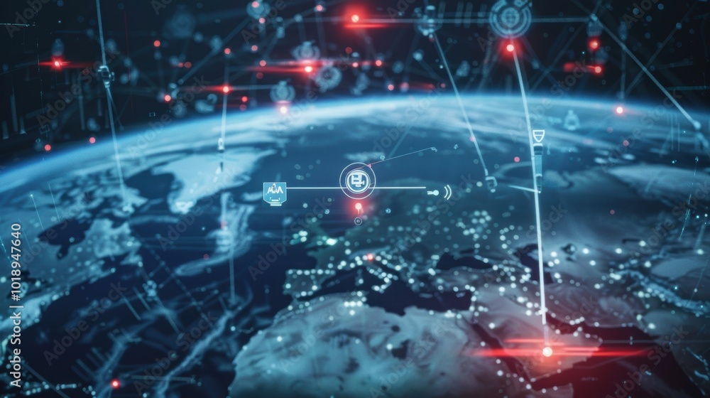 Poster global missile threat detection in high-tech command center for strategic defense analysis
