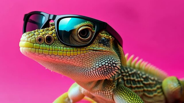 A green lizard wearing sunglasses poses in front of a pink background
