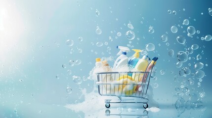 Mini Shopping Cart with Cleaning Products on a Blue Splashy Background