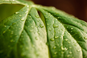 Close-up side view, of only a few raindrops on a mayapple leaf with following an overnight rain within the Pike Lake Unit, Kettle Moraine State Forest, Hartford, Wisconsin