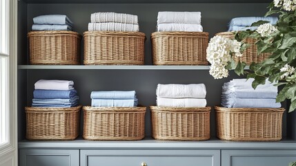 wicker baskets and neatly folded clothes in an organized closet, presenting efficient storage solutions and decluttering methods for a tidy, well-arranged home