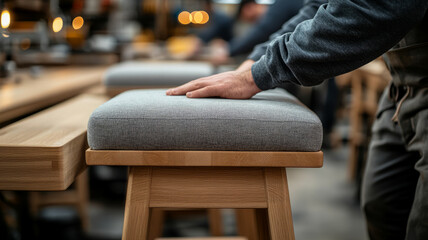 Close-up of a craftsman's hand on an upholstered stool.