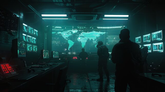 Futuristic Military Command Center with Officers Analyzing Incoming Missile Threat
