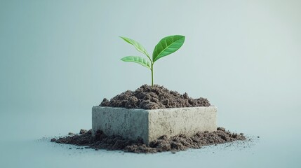 a green plant growing from a pile of soil in a rectangular pot, symbolizing the natural cycle of growth, fertility, and organic development in sustainable gardening