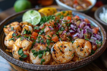 Fototapeta premium A vibrant plate of Mexican seafood dishes.