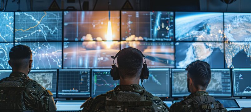 Military Command Center Monitoring Strategic Missile Launch with Satellite Imagery
