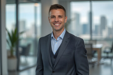 portrait of successful businessman consultant looking at camera and smiling inside modern office building