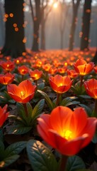 A vibrant display of orange flowers lights up a peaceful forest during sunset