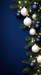 A close-up view of a dark blue Christmas ornament elegantly suspended from a green evergreen branch, showcasing intricate details and vibrant colors against a dark backdrop