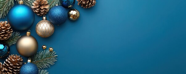 Festive Christmas decorations on a blue background, featuring gold and blue ornaments and a pine...