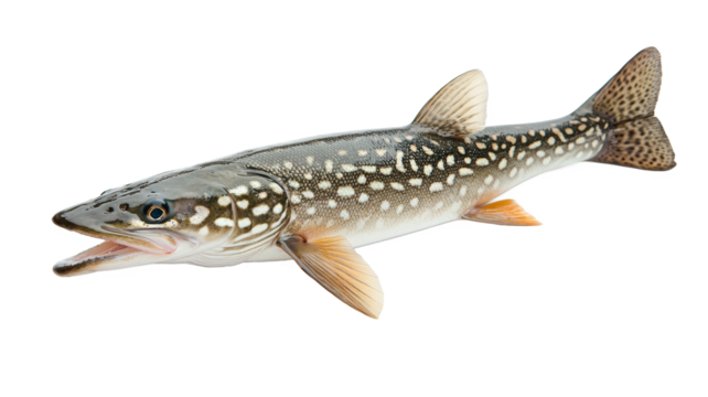 A fish with white spots on its body is shown on a white background