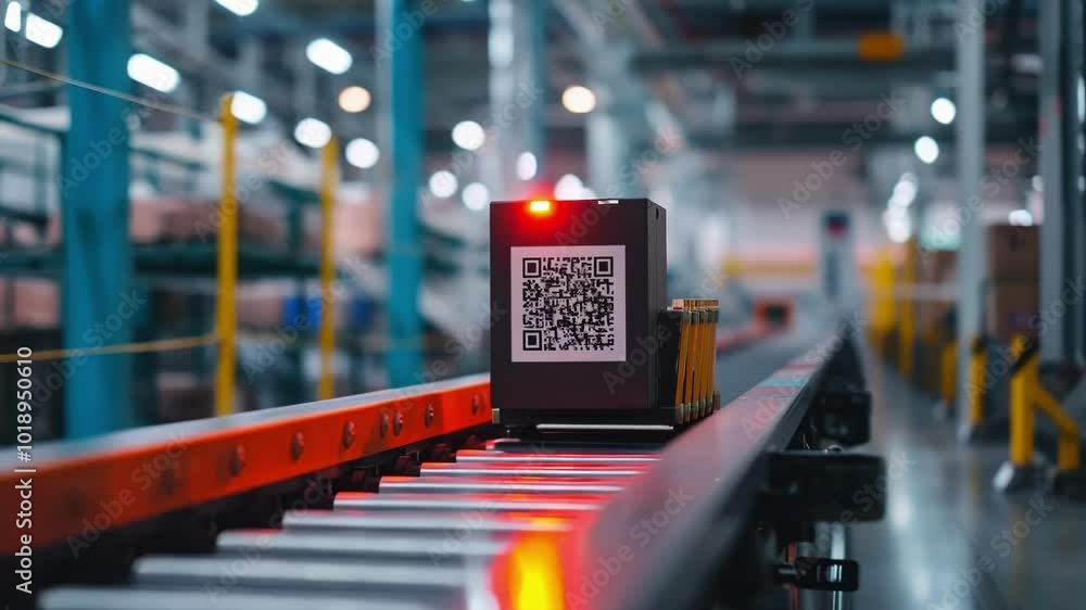 Poster qr code is being scanned by a sensor on an industrial conveyor system, likely used for tracking and 