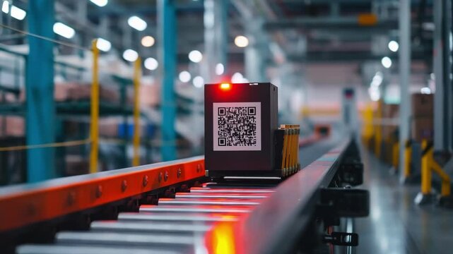 Qr code is being scanned by a sensor on an industrial conveyor system, likely used for tracking and managing products within a modern factory setting