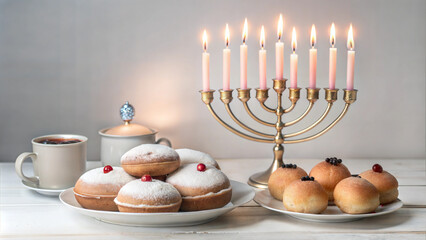 Hanukkah donuts with menorah candles and cups of hot chocolate on table