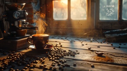 Obraz premium Warm Morning Coffee: Rustic Banner with a Steaming Cup and Vintage Grinder
