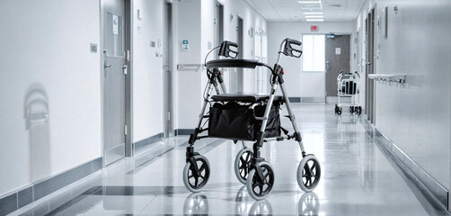 Wheelchair, walker or walking aid standing on a corridor in a retirement home - ai generated