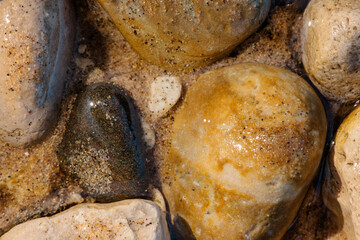An overhead view of rocks and sand particles as they remain wet and sunlit in a small run-off stream at Harrington Beach State Park, Belgium, Wisconsin