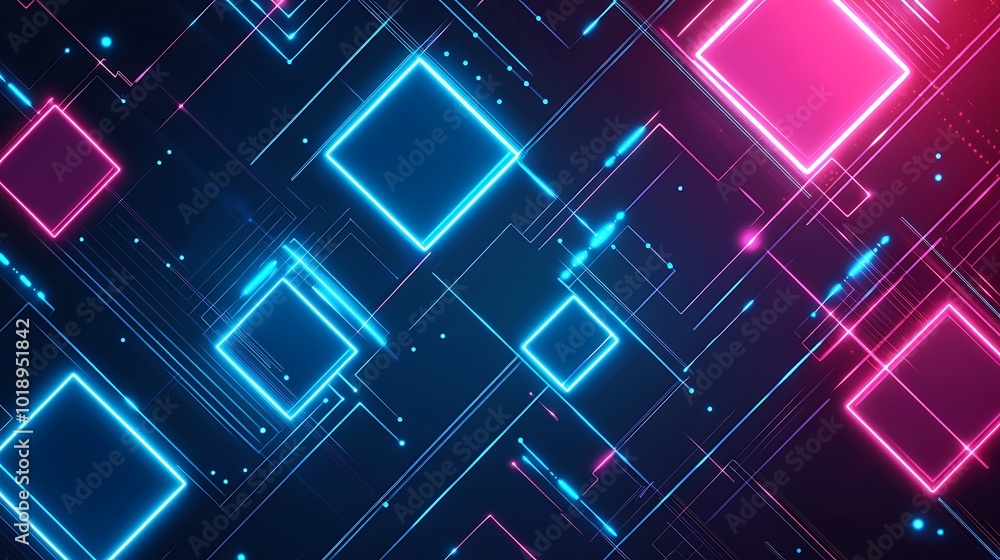 Aufkleber abstract digital background with glowing neon squares and lines in blue and pink on a dark backgroun