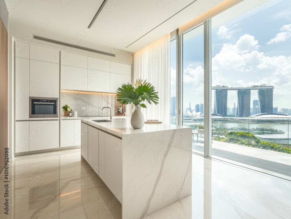 Wall mural a kitchen with a white island and a window with a view of the city