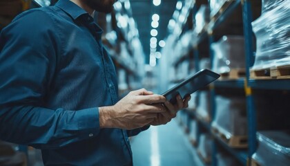 Focused man in a blue shirt using a tablet in a warehouse setting, surrounded by logistics elements.