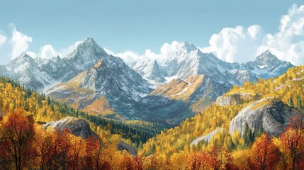 Fototapeta premium Vibrant Autumn Landscape with Snowy Mountains