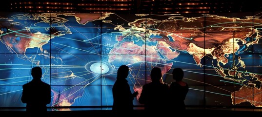 Military Strategy Meeting: Global Map with Missile Trajectories and Potential Targets for Discussion