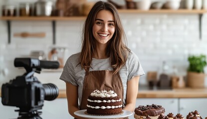 Smiling woman in an apron recording a baking tutorial with a camera in a cozy kitchen setting