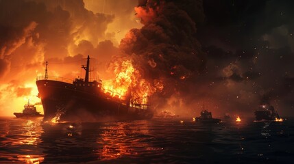 Fototapeta premium Nighttime Oil Tanker Sinking with Emergency Flares and Rescue Operations at Sea