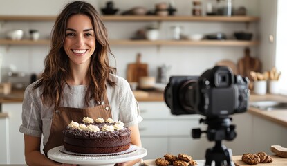 Woman in apron smiling as she speaks to the camera in a kitchen while showcasing a chocolate cake and cookies