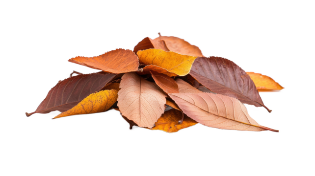 A pile of autumn leaves on a white background