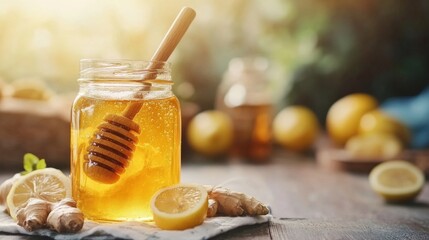 Fototapeta premium Honey Jar with Ginger and Lemon on Wooden Table