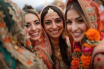 Naklejka premium Group of friends taking a selfie in traditional attire candid moment