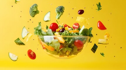 Fresh salad with vegetables in a glass bowl on a yellow background.