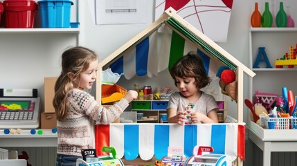 Caucasian boy and girl playing store with a toy cash register in a colorful playroom.
