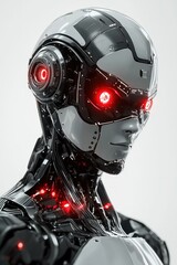Fototapeta premium Futuristic robot with glowing red eyes, symbolizing advanced technology and artificial intelligence.