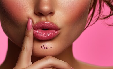 Fototapeta premium Close-up portrait of a woman with finger on lips against pink backdrop, conveying silence and mystery with vibrant expression
