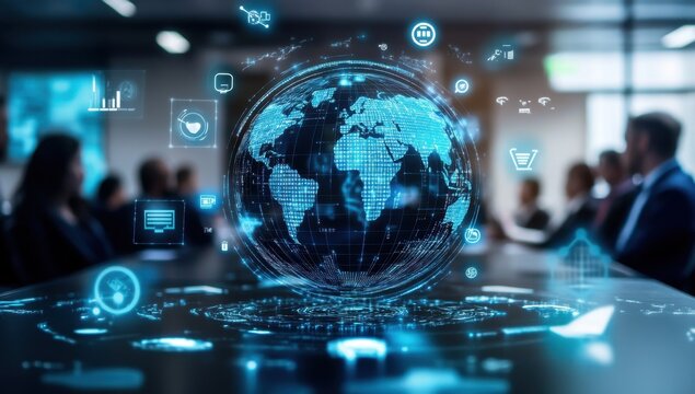 A digital globe surrounded by icons representing global business, with an audience in the background seated at a conference table Generative AI