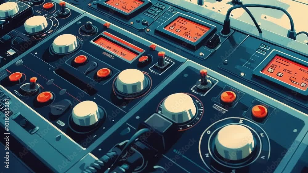 Poster Close up view of a sophisticated control panel with an array of buttons, dials, and digital displays, showcasing the intricacies of modern technology