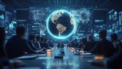 A digital globe floats above an international conference room filled with world leaders, surrounded by glowing symbols of global business and the internet network Generative AI