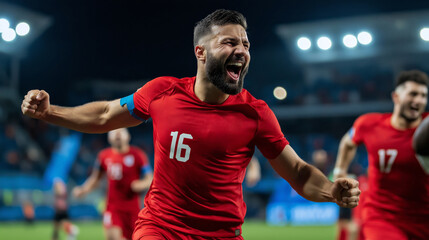 Soccer player in red shirt celebrating a goal or win. A player in a red shirt joyfully celebrates after scoring a critical goal during an intense soccer match under stadium lights.