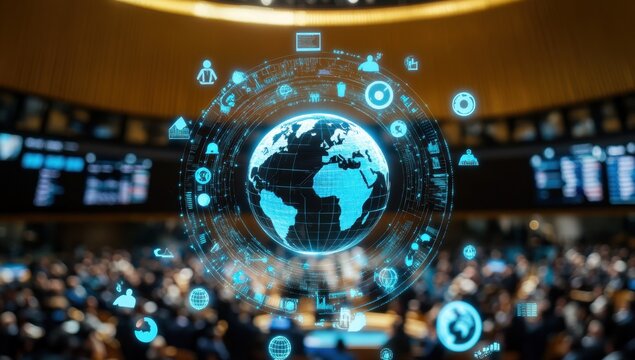 A digital globe surrounded by icons representing global business, with blurred figures of people in suits around it at the United Nations conference hall Generative AI - Powered by Adobe