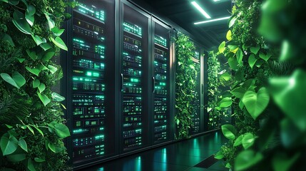 data center with eco-friendly servers and green power solutions, highlighting sustainability in IT infrastructure, reducing carbon footprints and promoting energy efficiency in modern computing